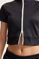 Mock Neck Contrast Zip Short-Sleeve Set - Black