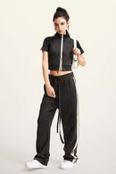 Mock Neck Contrast Zip Short-Sleeve Set - Charcoal