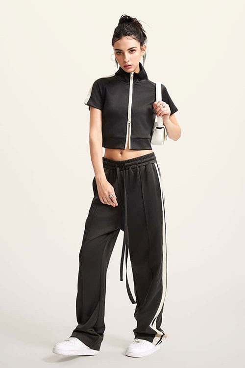 Mock Neck Contrast Zip Short-Sleeve Set - Charcoal
