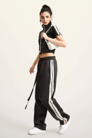 Mock Neck Contrast Zip Short-Sleeve Set - Charcoal