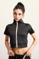Mock Neck Contrast Zip Short-Sleeve Set - Charcoal