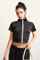 Mock Neck Contrast Zip Short-Sleeve Set - Charcoal