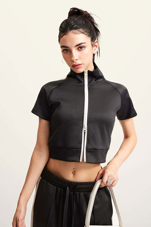 Mock Neck Contrast Zip Short-Sleeve Set - Charcoal