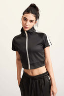 Mock Neck Contrast Zip Short-Sleeve Set - Charcoal