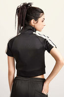 Mock Neck Contrast Zip Short-Sleeve Set - Charcoal