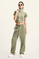 Mock Neck Contrast Zip Short-Sleeve Set - Olive