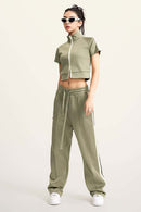 Mock Neck Contrast Zip Short-Sleeve Set - Olive