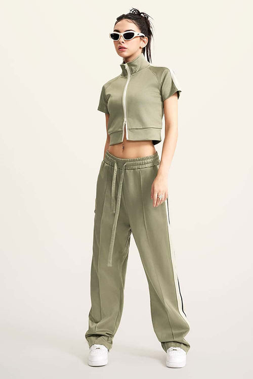 Mock Neck Contrast Zip Short-Sleeve Set - Olive
