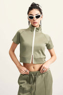 Mock Neck Contrast Zip Short-Sleeve Set - Olive