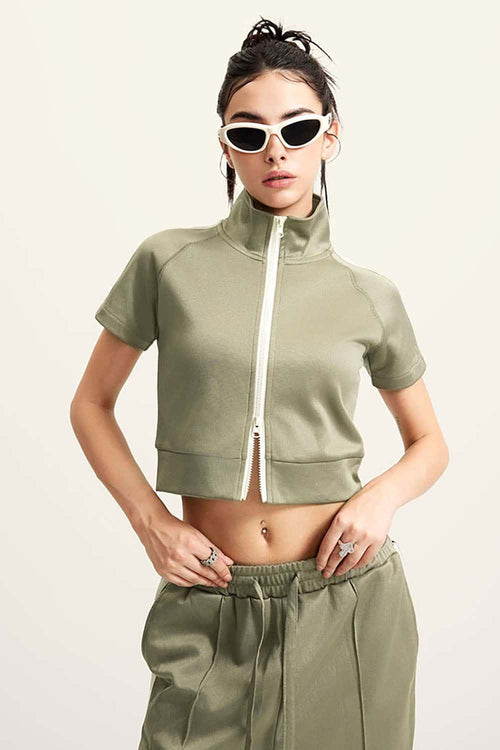 Mock Neck Contrast Zip Short-Sleeve Set - Olive