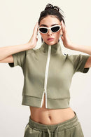 Mock Neck Contrast Zip Short-Sleeve Set - Olive