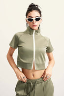 Mock Neck Contrast Zip Short-Sleeve Set - Olive