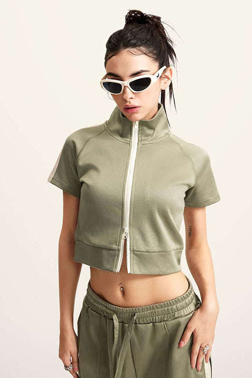 Mock Neck Contrast Zip Short-Sleeve Set - Olive