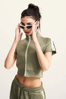 Mock Neck Contrast Zip Short-Sleeve Set - Olive