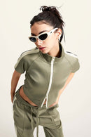 Mock Neck Contrast Zip Short-Sleeve Set - Olive