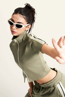Mock Neck Contrast Zip Short-Sleeve Set - Olive