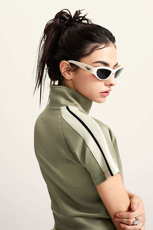 Mock Neck Contrast Zip Short-Sleeve Set - Olive