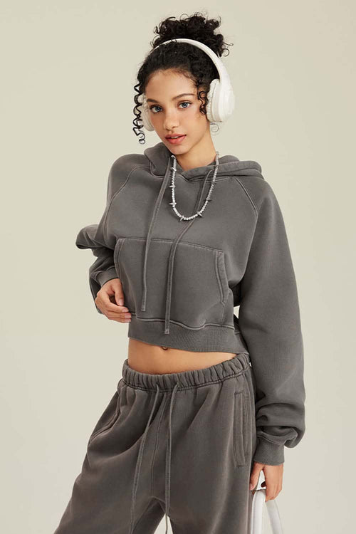Raglan Fleece Cropped Hoodie - Coffee