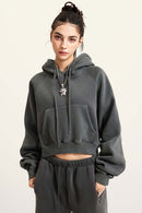 Raglan Fleece Cropped Hoodie - Dark Gray