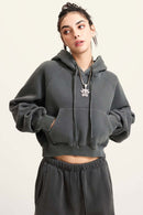 Raglan Fleece Cropped Hoodie - Dark Gray