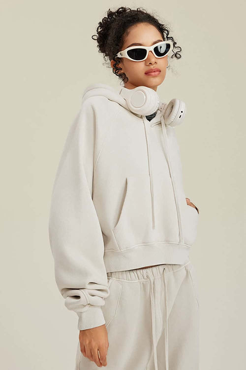 Raglan Fleece Cropped Hoodie - Gray Apricot