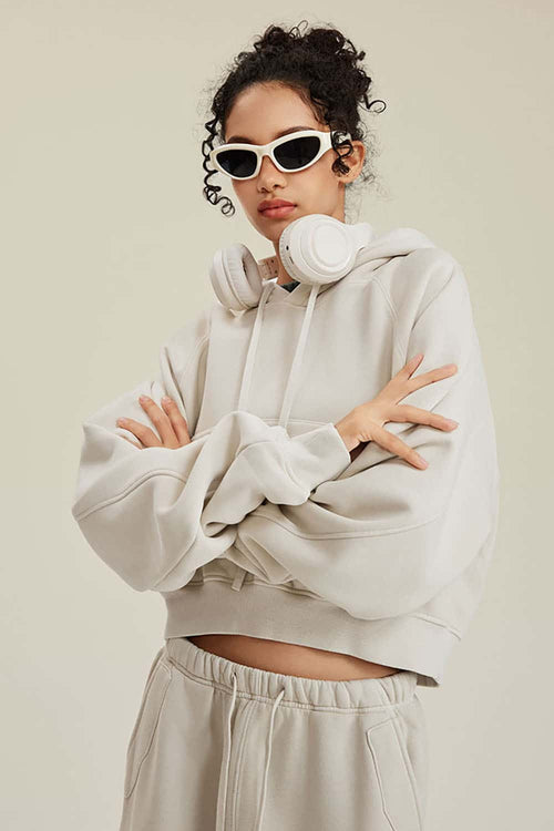 Raglan Fleece Cropped Hoodie - Gray Apricot