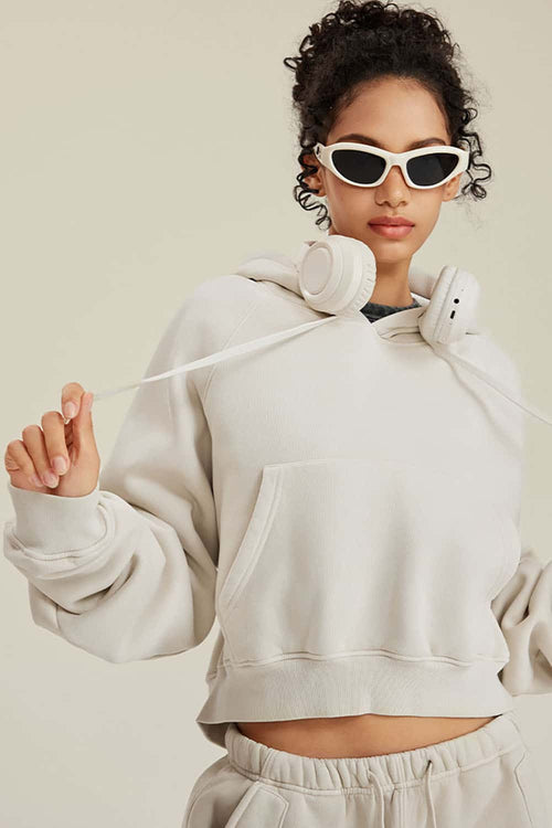 Raglan Fleece Cropped Hoodie - Gray Apricot