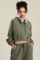 Raglan Fleece Cropped Hoodie - Grayish Green