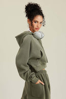 Raglan Fleece Cropped Hoodie - Grayish Green