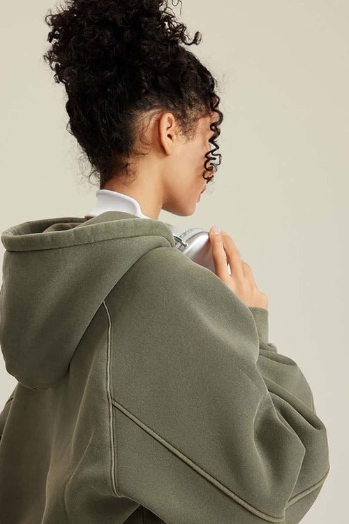 Raglan Fleece Cropped Hoodie - Grayish Green