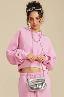 Raglan Fleece Cropped Hoodie - Rose Pink
