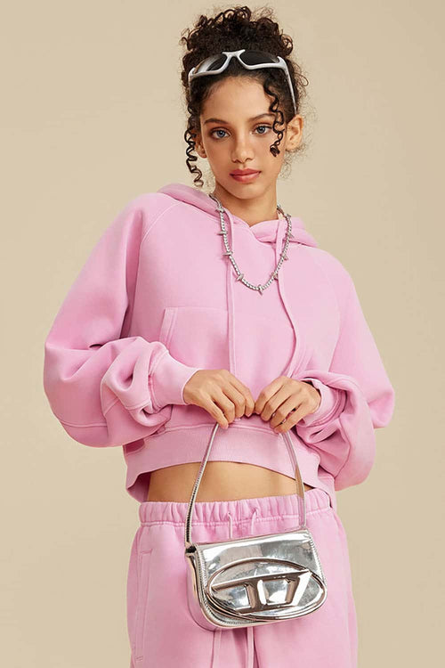 Raglan Fleece Cropped Hoodie - Rose Pink