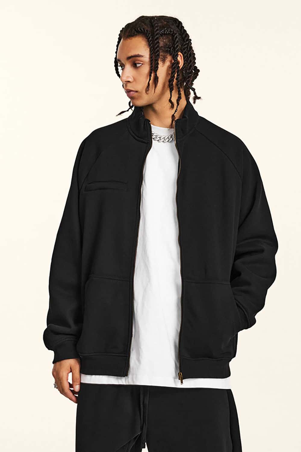 Loose-fit Solid Basic Fleece-Lined Zip-Up Hoodie Jacket