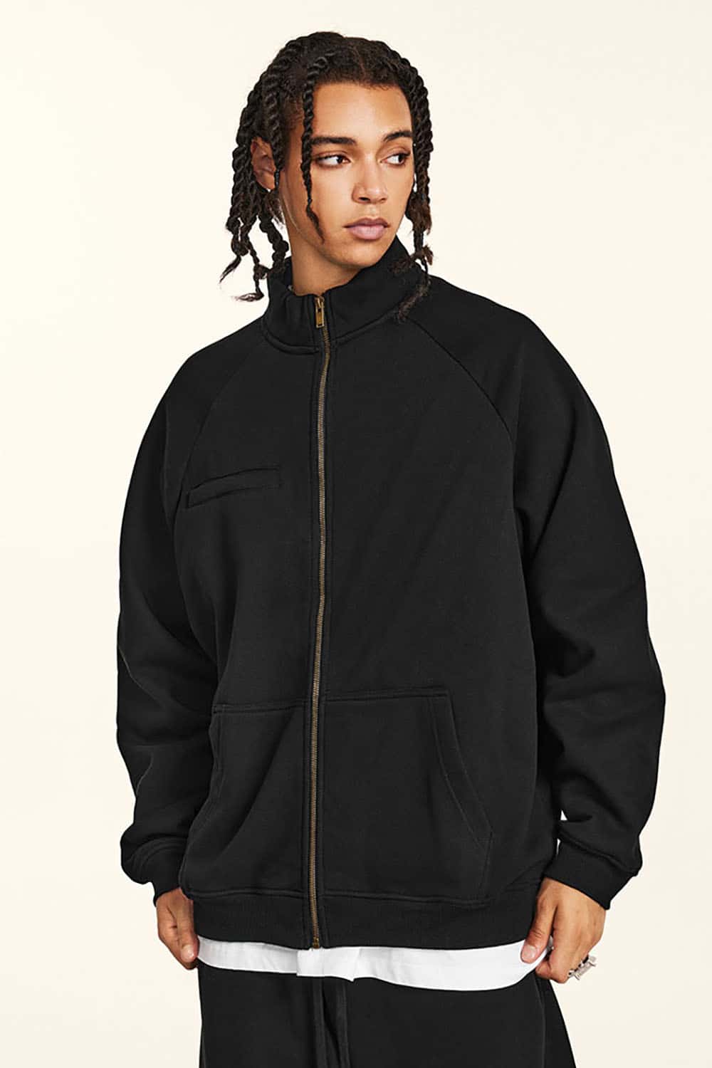 Loose-fit Solid Basic Fleece-Lined Zip-Up Hoodie Jacket