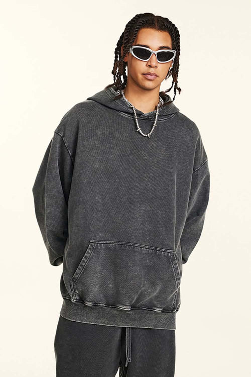 Heavyweight Distressed Wax-Dye Hoodie - Dark Gray