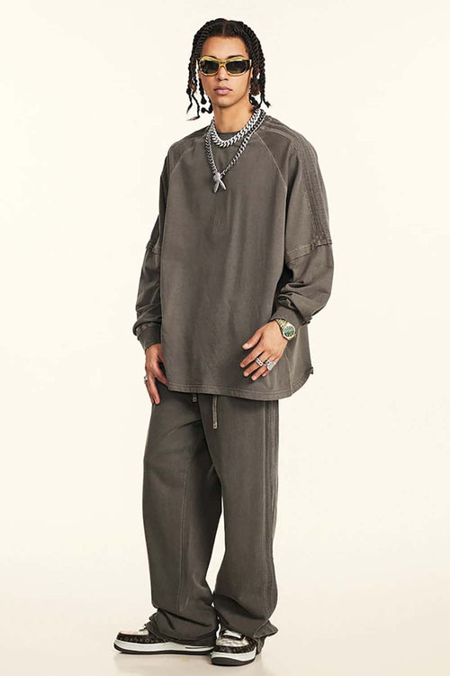 Washed Striped Mock-Layer Long-Sleeve Tee - Coffee