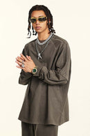 Washed Striped Mock-Layer Long-Sleeve Tee - Coffee