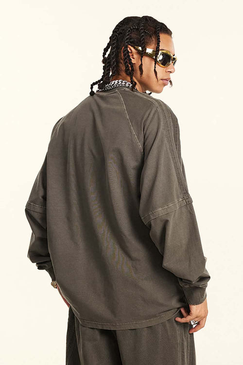 Washed Striped Mock-Layer Long-Sleeve Tee - Coffee