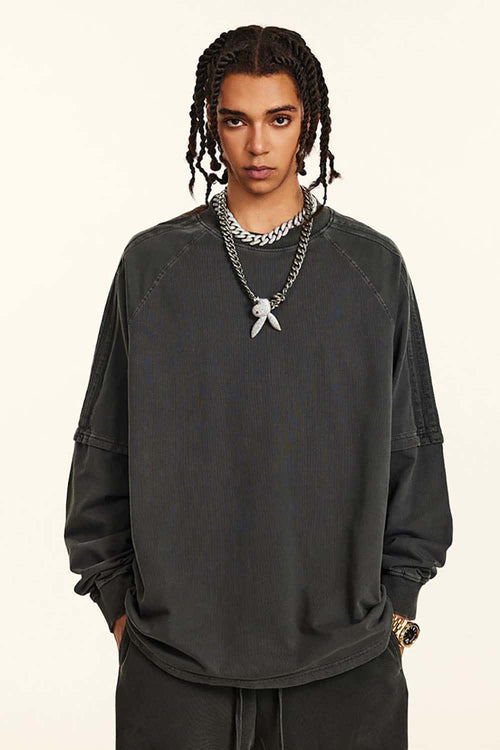 Washed Striped Mock-Layer Long-Sleeve Tee - Dark Gray