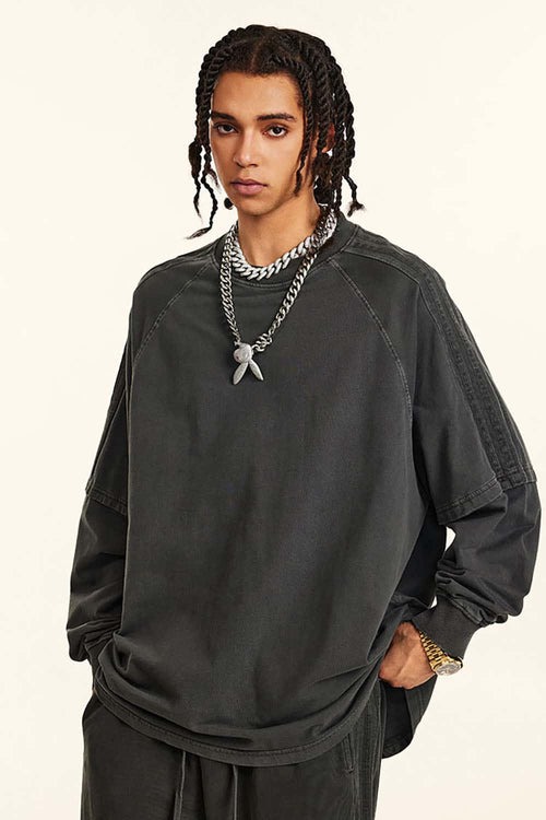Washed Striped Mock-Layer Long-Sleeve Tee - Dark Gray