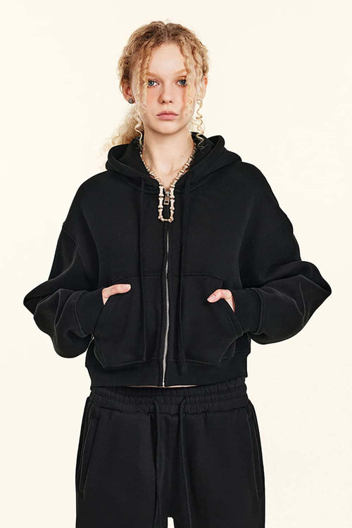Relaxed Cropped Zip Hoodie - Black