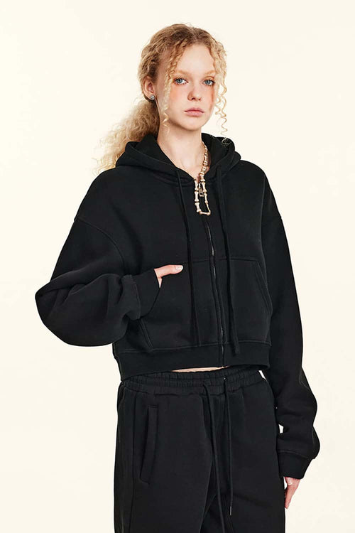 Relaxed Cropped Zip Hoodie - Black