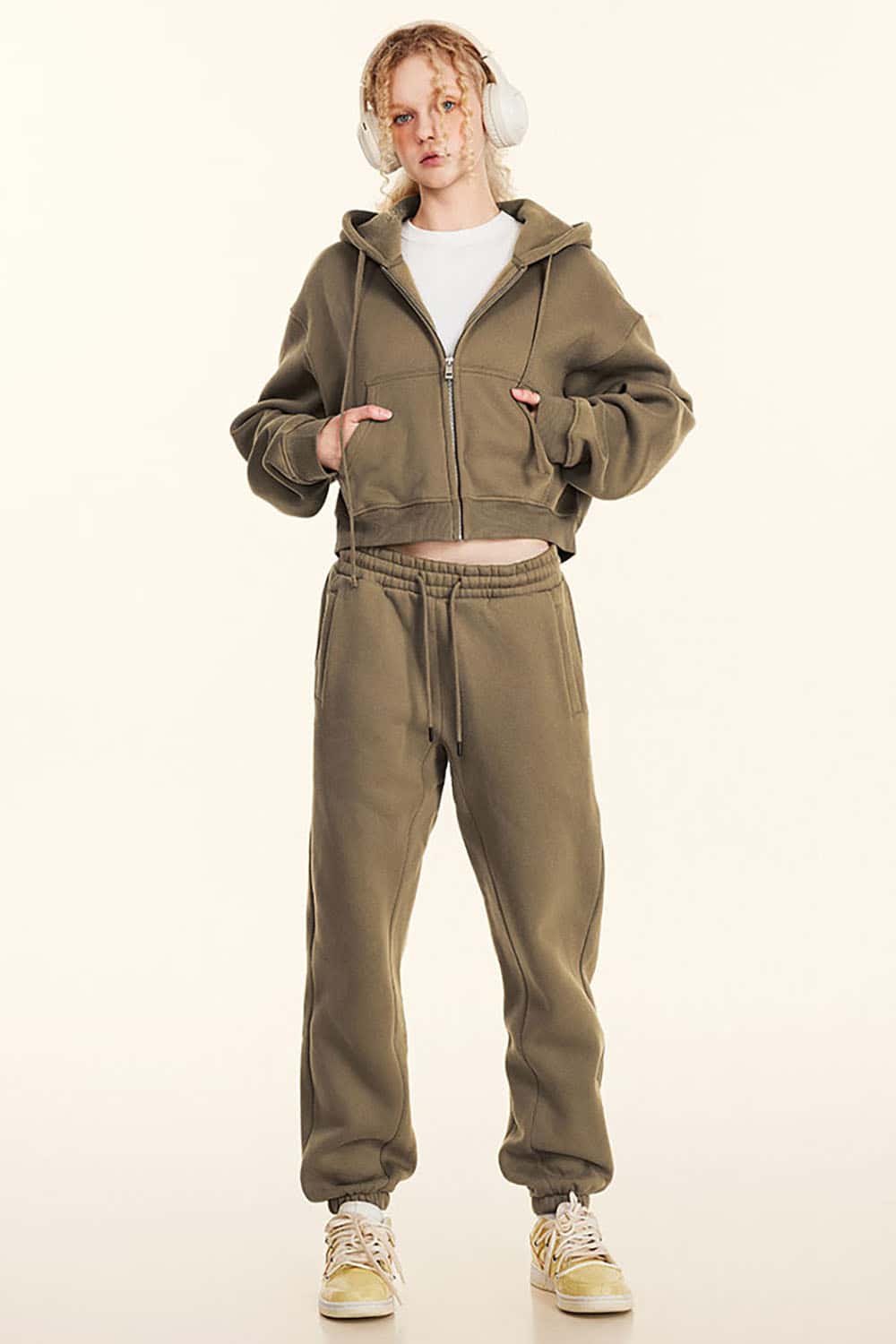Relaxed Cropped Zip Hoodie - Brown
