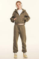 Relaxed Cropped Zip Hoodie - Brown