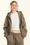 Relaxed Cropped Zip Hoodie - Brown