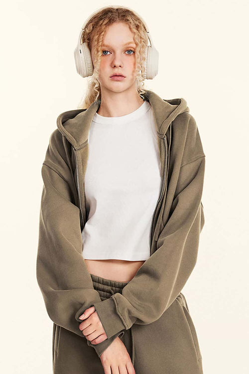 Relaxed Cropped Zip Hoodie - Brown