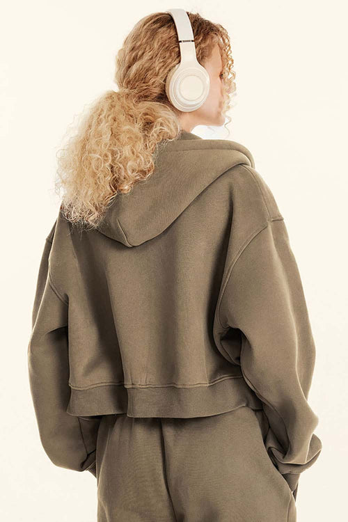 Relaxed Cropped Zip Hoodie - Brown