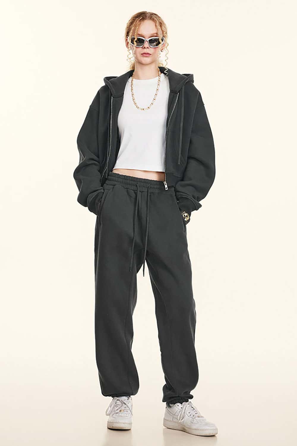 Relaxed Cropped Zip Hoodie - Dark Gray