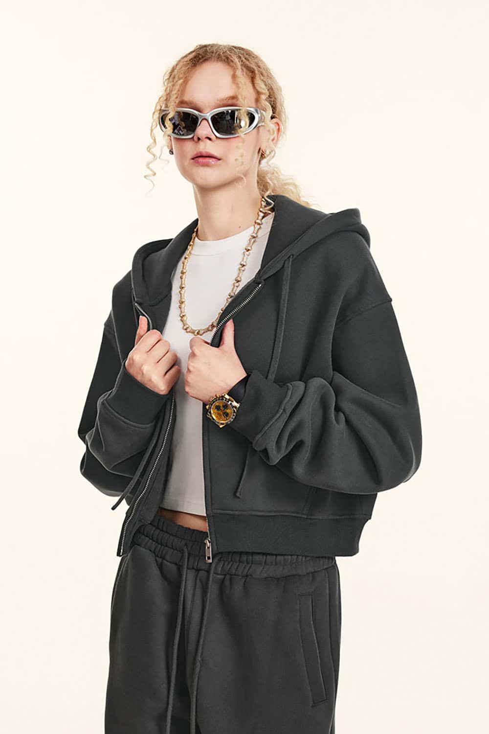 Relaxed Cropped Zip Hoodie - Dark Gray