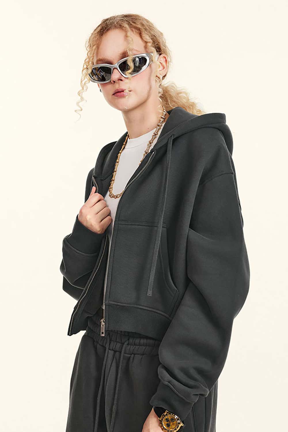 Relaxed Cropped Zip Hoodie - Dark Gray